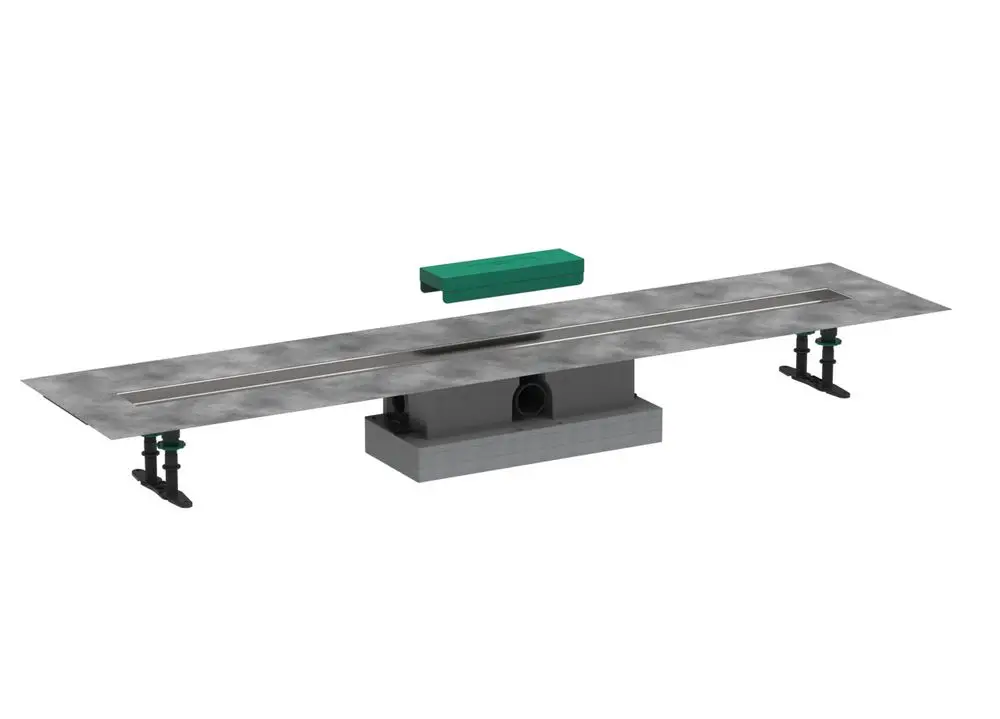 Duschrinnen-System von Hansgrohe, gefertigt aus Metall mit einem langen, flachen Design, präsentiert eine zentrale Ablauföffnung und seitliche Halterungen zur Montage.
